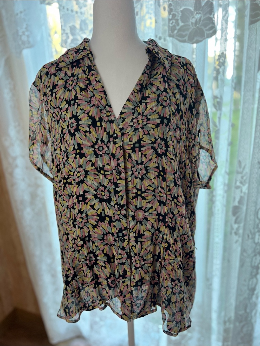 100% Silk Plus Size Nine West Black Sheer Floral Blouse